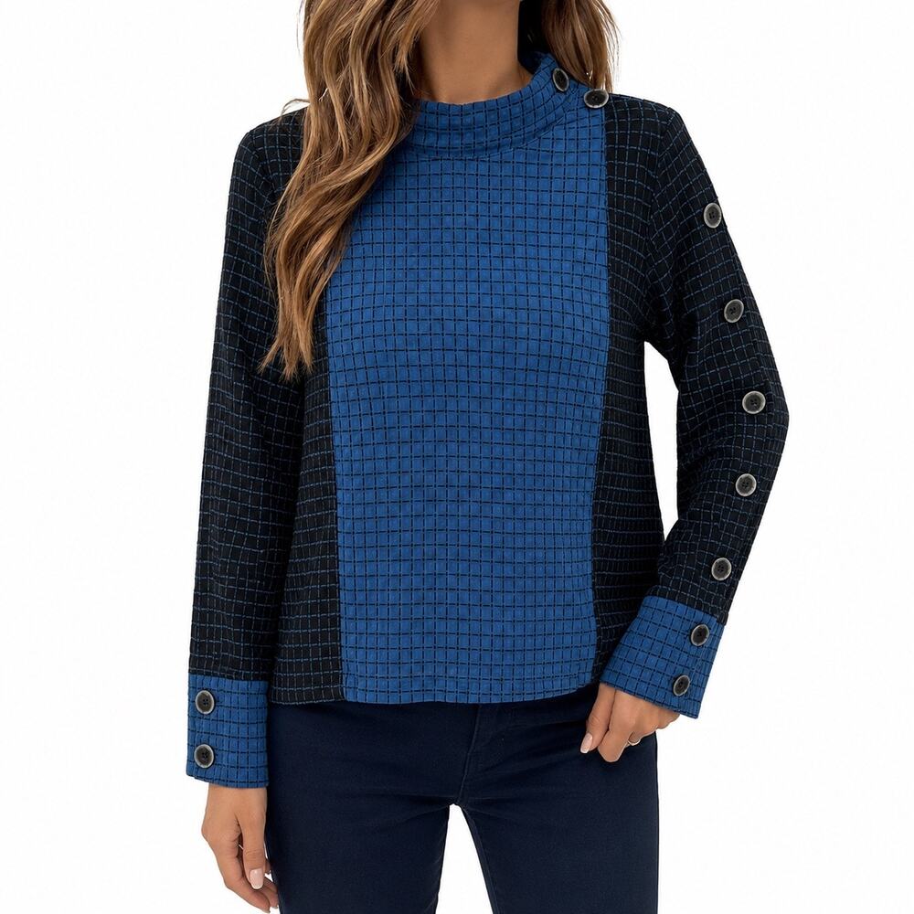 Habitat Sz Medium Blue Black Quilted Gauze Wearable Art Blouse Shirt Top Winter